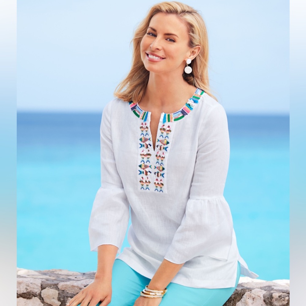 Talbots sz Large 100% Linen Cream Embellished Fish Tunic